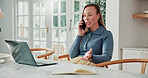 Woman, talk and laptop in home with phone call, remote work or discussion for business administration. Freelance, virtual assistant and person in house with computer, contact or planning for schedule