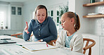Home, mother or child with learning difficulty, help and support for development with book. Mom, teaching or bored girl with ADHD in homeschool for academic struggle, knowledge or education challenge