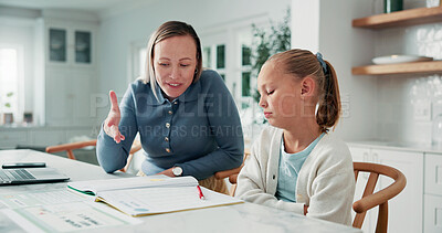 Buy stock photo Home, mother or child with learning difficulty, help and support for development with book. Mom, teaching or bored girl with ADHD in homeschool for academic struggle, knowledge or education challenge