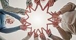 Family, unity or hands together with peace sign of people below for synergy, mission or solidarity. Low angle, community group or trust with symbol emoji or shape for cohesion, inclusion or gathering