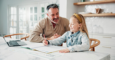 Buy stock photo Homework, father or girl in house with help, education guidance or knowledge in childcare. Learning, bonding and family with homeschool, parent support or happy connection in childhood development.