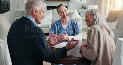 Buy stock photo Paperwork, meeting and nurse with senior couple for health insurance, medical aid and assistance. Documents, retirement home and woman with people for application form, healthcare plan and consulting