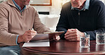 Clipboard, discussion and hands of business men in home for finance agreement, consent form or paperwork. Documents, conversation and financial manager with client for investment contract in house.