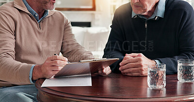 Buy stock photo Clipboard, discussion and hands of business men in home for finance agreement, consent form or paperwork. Documents, conversation and financial manager with client for investment contract in house.