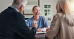 Laugh, paperwork and nurse with senior couple for health insurance, medical aid and advice. Documents, retirement and woman with people for application form, healthcare plan and consulting in home