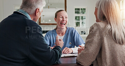 Buy stock photo Laugh, paperwork and nurse with senior couple for health insurance, medical aid and advice. Documents, retirement and woman with people for application form, healthcare plan and consulting in home