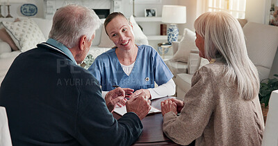 Buy stock photo Paperwork, consulting and nurse with senior couple for health insurance, medical aid and assistance. Documents, retirement home and woman with people for application form, healthcare plan and advice