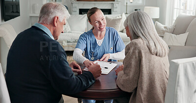 Buy stock photo Paperwork, home and nurse with senior couple for health insurance, medical aid and advice. Documents, retirement and woman with people for application form, consulting and choice for healthcare plan