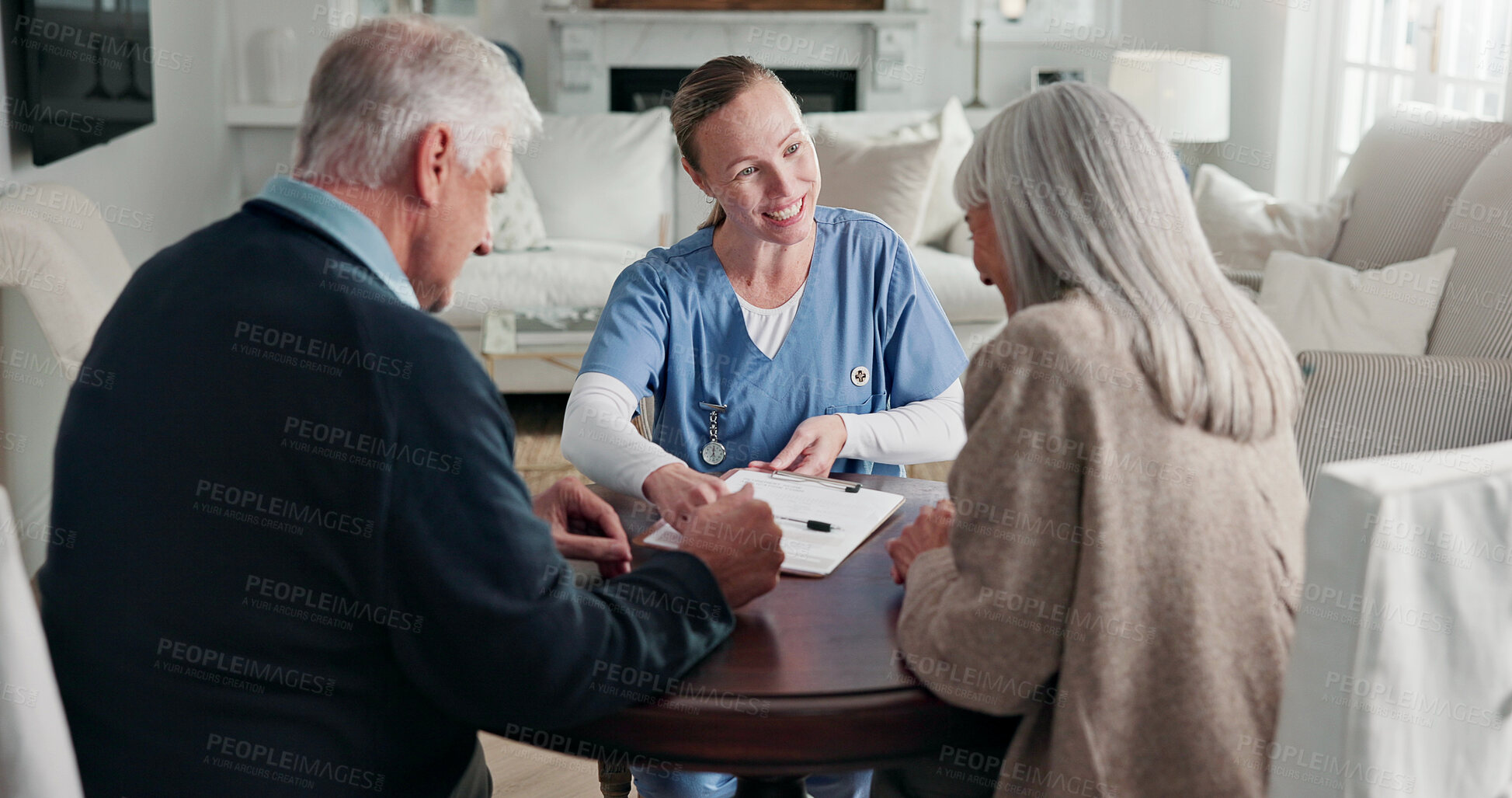 Buy stock photo Paperwork, home and nurse with senior couple for health insurance, medical aid and advice. Documents, retirement and woman with people for application form, consulting and choice for healthcare plan