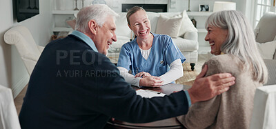 Buy stock photo Happy, documents and nurse with senior couple for health insurance, medical aid and approval. Paperwork, retirement and woman with people for application form, healthcare plan and consulting in home