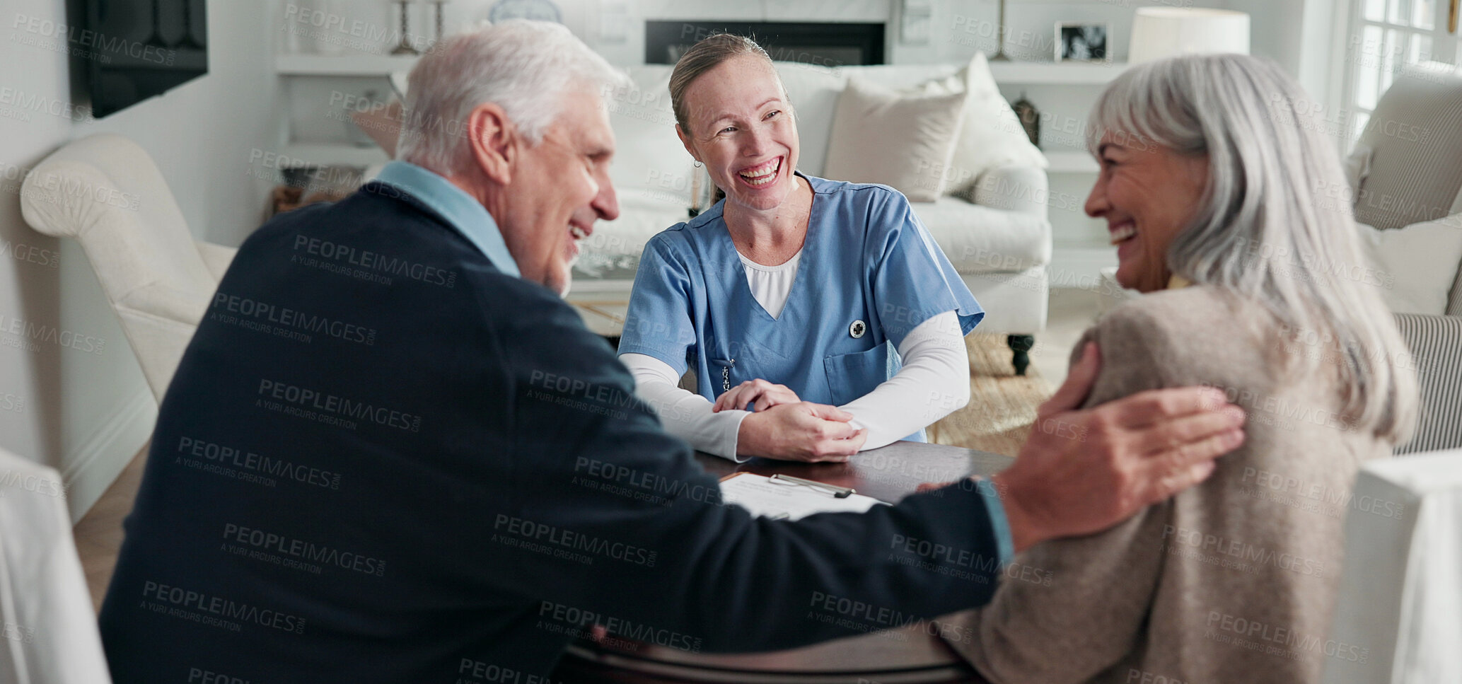 Buy stock photo Happy, documents and nurse with senior couple for health insurance, medical aid and approval. Paperwork, retirement and woman with people for application form, healthcare plan and consulting in home