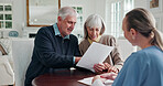 Caregiver, old couple and reading in home with document, form and report for medical results. Smile, nurse and senior people at house with paperwork, application and information for health insurance