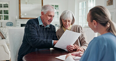 Buy stock photo Caregiver, old couple and reading in home with document, form and report for medical results. Smile, nurse and senior people at house with paperwork, application and information for health insurance