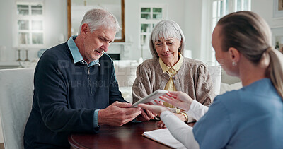 Buy stock photo Caregiver, old couple and checkup in home with tablet, form and report for medical results. Nurse, senior people and reading in lounge with digital, application and information for health insurance