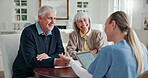 Caregiver, old couple and smile in home with tablet, form and report for medical results. Nurse, senior people or checkup in living room with digital, application and information for health insurance
