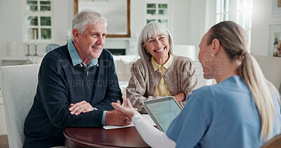 Buy stock photo Caregiver, old couple and smile in home with tablet, form and report for medical results. Nurse, senior people or checkup in living room with digital, application and information for health insurance
