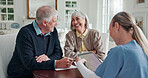 Happy, old couple and caregiver in home with tablet, form and report for medical results. Nurse, senior people or checkup in living room with digital, application and information for health insurance