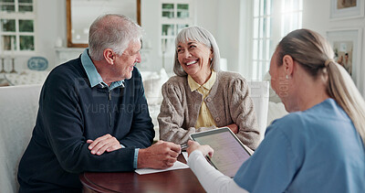 Buy stock photo Happy, old couple and caregiver in home with tablet, form and report for medical results. Nurse, senior people or checkup in living room with digital, application and information for health insurance