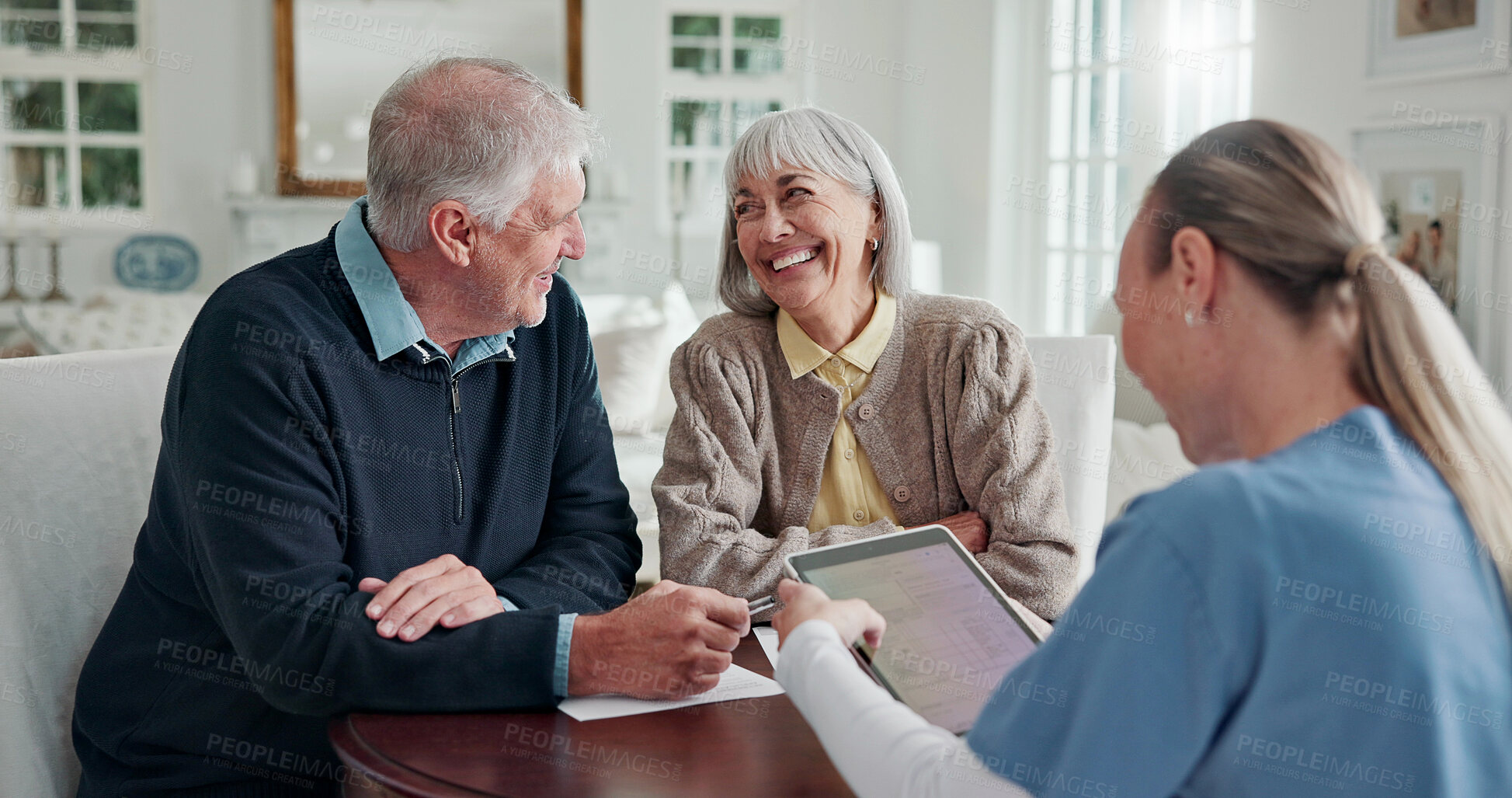 Buy stock photo Happy, old couple and caregiver in home with tablet, form and report for medical results. Nurse, senior people or checkup in living room with digital, application and information for health insurance