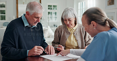 Buy stock photo Caregiver, old couple and reading in home with document, form and signature for medical consent. Smile, nurse and senior people in lounge with contract, application and agreement for health insurance