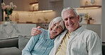 Portrait, love and hug with old couple on sofa in home for bonding, support and retirement. Marriage, commitment and connection with senior man and woman in living room in apartment for trust