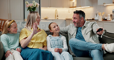Buy stock photo Parents, children and watching tv on sofa with remote, family bonding and conversation for movie. Happy people, father and mother in house with girl kids, discussion and tech for streaming cartoon.