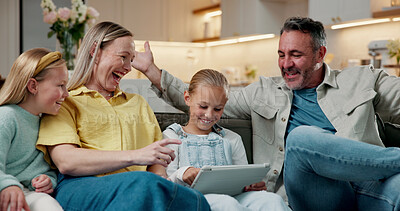 Buy stock photo Game, smile or family on couch with tablet, happy moment or help with online activity. Support, parents or children in house with tech, playing together or digital puzzle in loving connection.