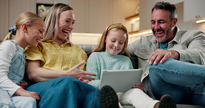 Buy stock photo Game, laugh or family in lounge with tablet, playing together or help with online activity. Support, parents or children in house with tech, happy moment or digital puzzle in loving connection.