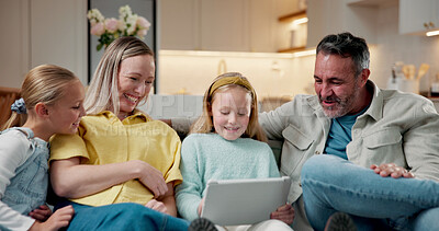 Buy stock photo Game, laugh or family in living room with tablet, playing together or help with online activity. Support, parents or children in house with tech, happy moment or digital puzzle in loving connection.