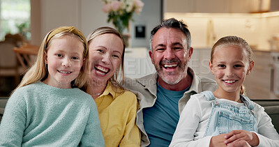 Buy stock photo Portrait, parents and children on sofa with love, bonding together and support in childcare. Smile, family and kids in house with embrace, security and happy connection in loving relationship.
