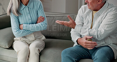 Buy stock photo Couple, hands or conflict on sofa in home discussion for fight, argument or disagreement. Relationship, breakup or people in living room dispute for confession, marriage or confrontation in house