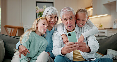 Buy stock photo Family, grandparents or selfie with children in home for bonding, memory or capture moment together. Grandpa, grandma or kids with smile or picture for photography or social media on sofa in house