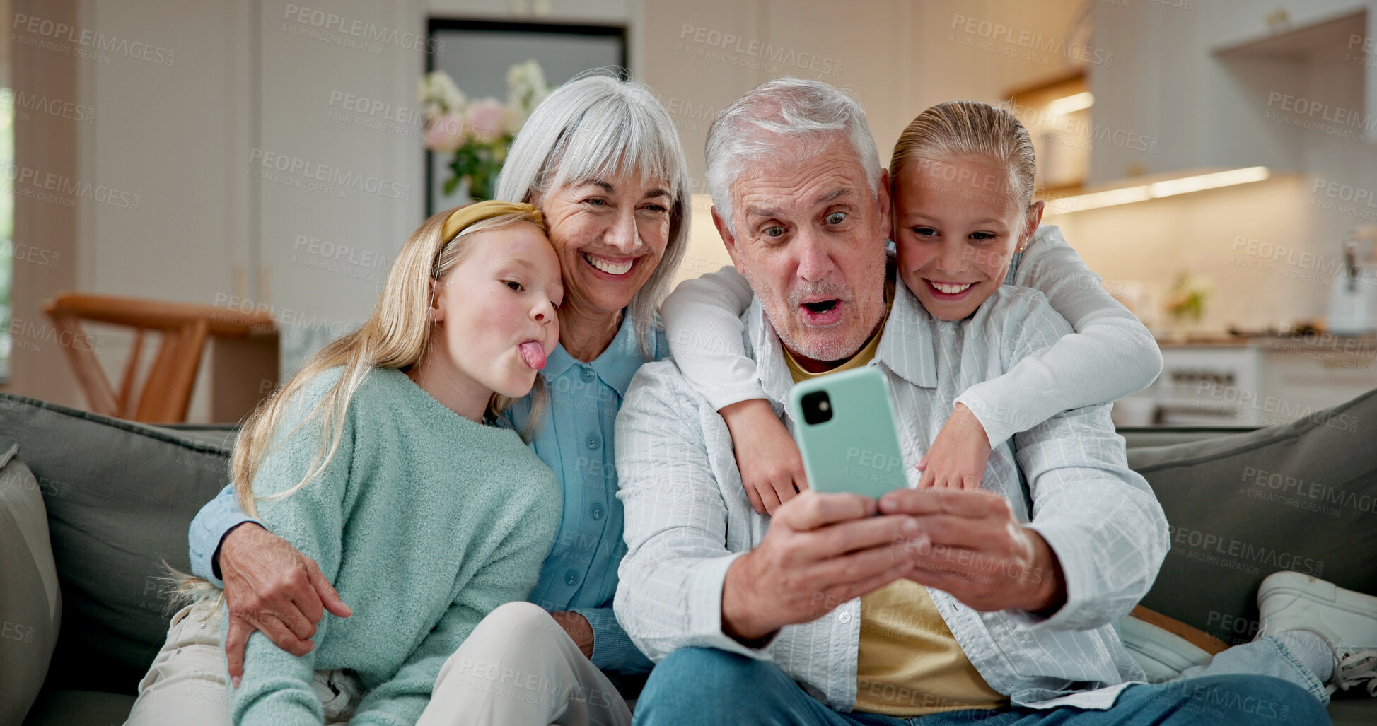 Buy stock photo Family, grandparents or selfie with children in home for bonding, memory or capture moment together. Grandpa, grandma or kids with smile or picture for photography or social media on sofa in house