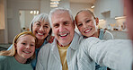 Grandparents, portrait and selfie with children in home for bonding, memory or capture moment together. Grandpa, grandma or grandkids with smile for picture, photography or social media post in house