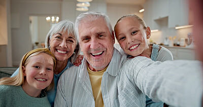 Buy stock photo Grandparents, portrait and selfie with children in home for bonding, memory or capture moment together. Grandpa, grandma or grandkids with smile for picture, photography or social media post in house