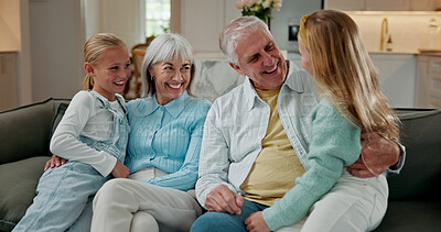 Buy stock photo Love, grandparents or girls in house with hug, childcare or bonding together on weekend break. Smile, senior people or grandkids with embrace, happy moment or family connection in caring relationship