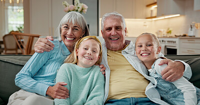 Buy stock photo Support, grandparents or girls in home with portrait, childcare or bonding on weekend break. Smile, senior people or grandkids with embrace, happy moment or family connection in caring relationship.