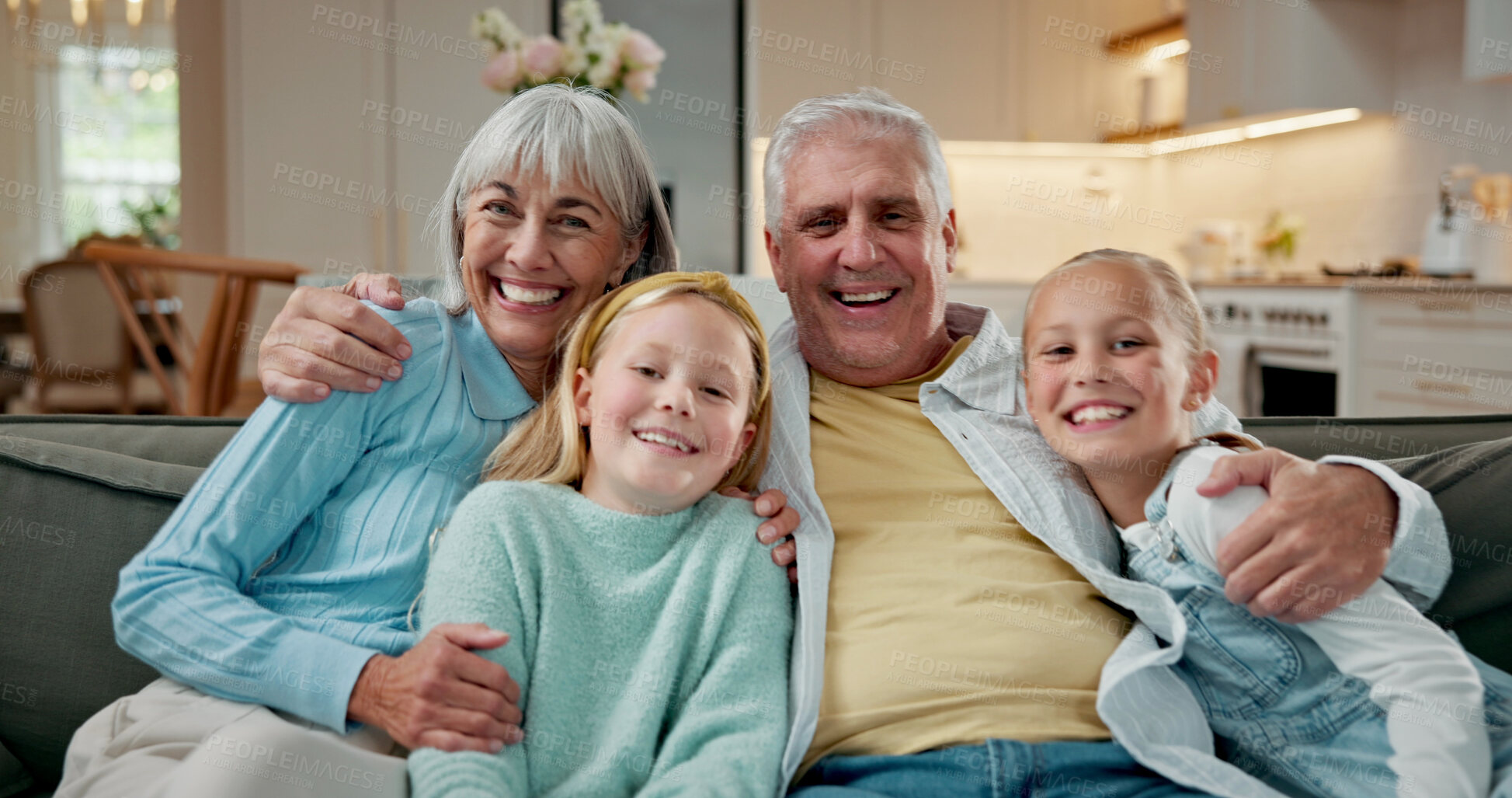 Buy stock photo Support, grandparents or girls in home with portrait, childcare or bonding on weekend break. Smile, senior people or grandkids with embrace, happy moment or family connection in caring relationship.