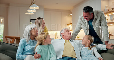 Buy stock photo Grandparents, family and children in living room with bonding together, generations or funny discussion. Grandma, grandpa and parents laugh in house with girl kids, joke and good mood for wellness.