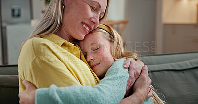 Buy stock photo Hug, happy and mother with child in home for bonding, love and trust on weekend together. Smile, connection and mom embracing girl kid in living room for relax, safety and family in apartment.