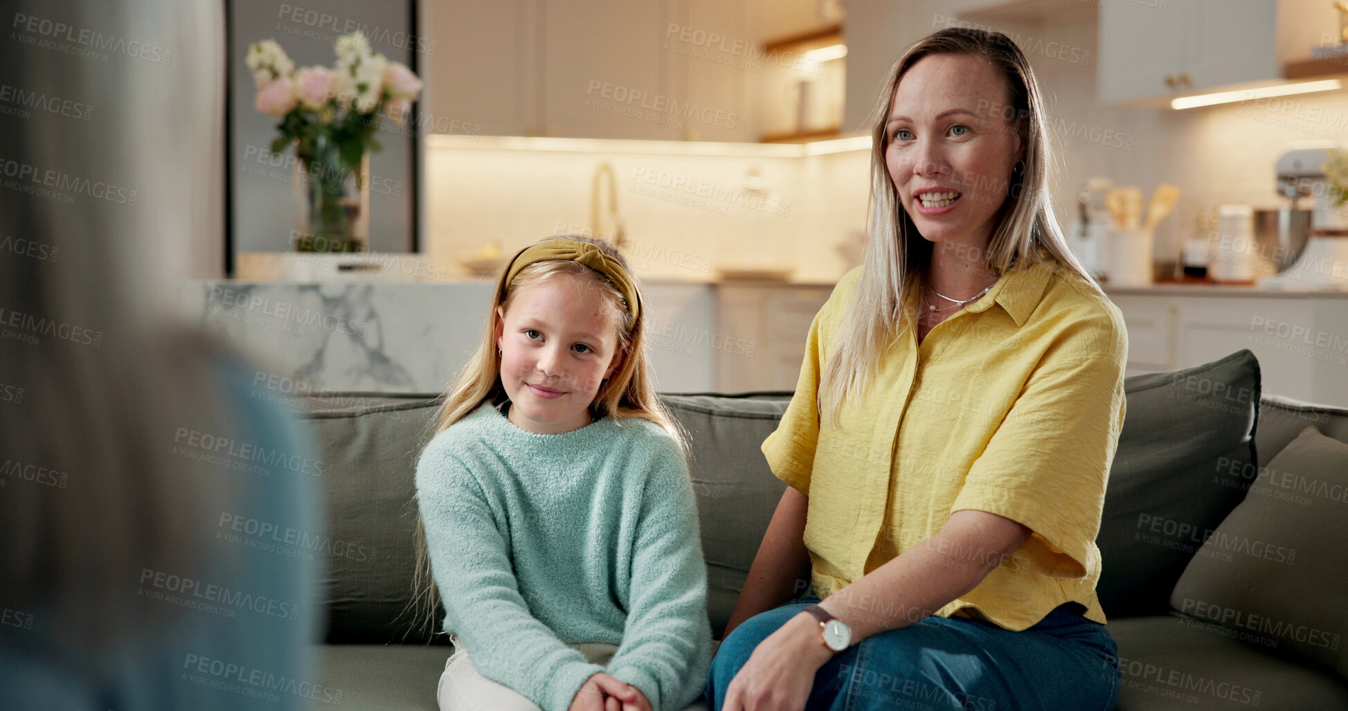 Buy stock photo Happy, mother and child at house with therapist, consultation and guidance for behavior therapy. People, psychologist and evaluation for family counseling, emotional support and mental health advice