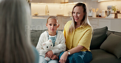 Buy stock photo Smile, mother and child at house with therapist, consultation and guidance for behavior therapy. People, psychologist and evaluation for family counseling, emotional support and mental health advice