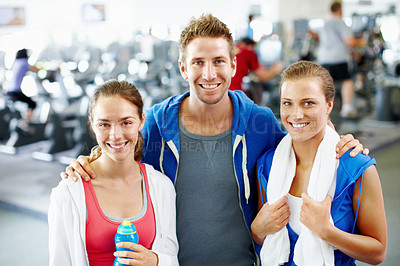 Buy stock photo Portrait of a group of young friends at the gym