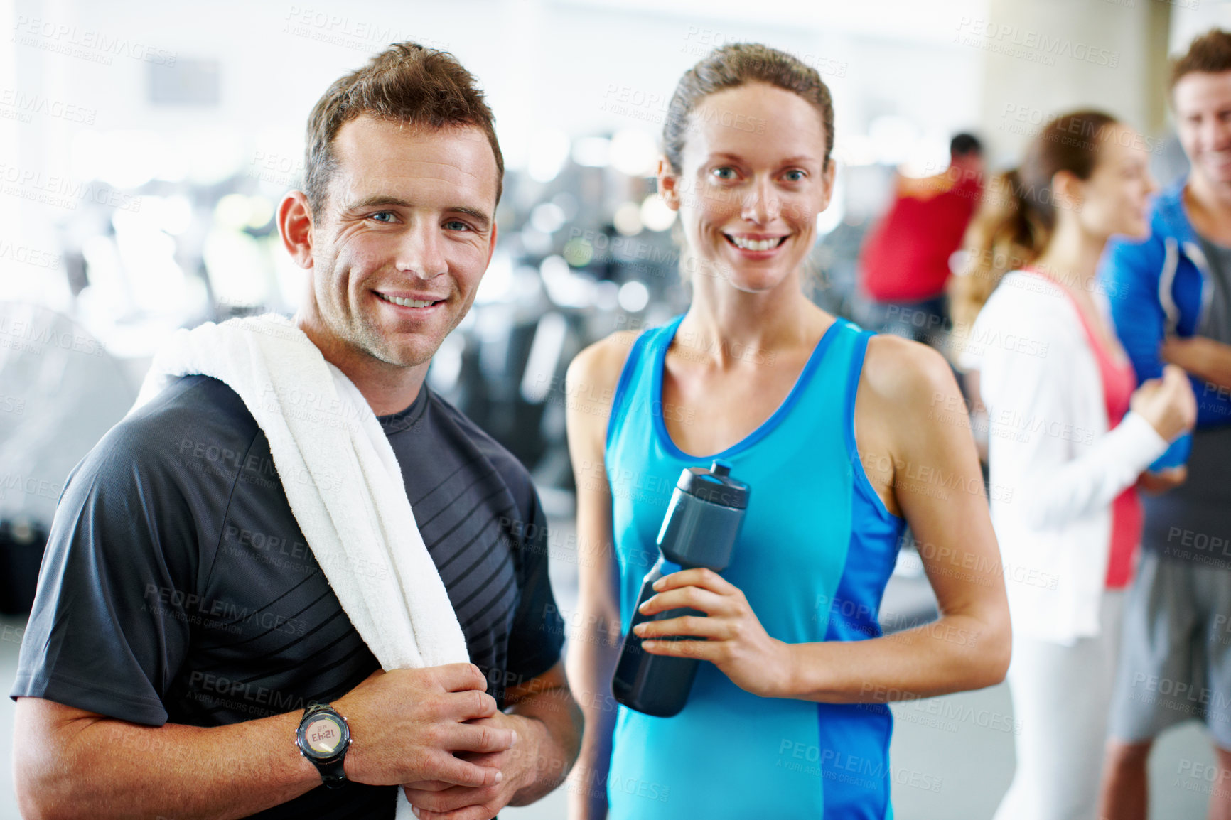Buy stock photo Portrait, health and water with people in gym for workout partner, fitness club membership and support. Happy, exercise and wellness with man and woman in sports center for training and class