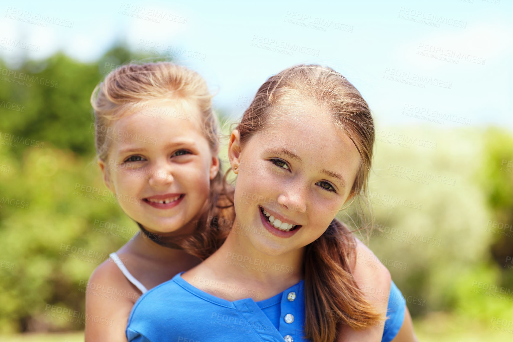 Buy stock photo Portrait, children and siblings outdoor with hug, family connection and bonding together on weekend. Summer, happy girls play or sisters with support, wellness or embrace for best friend relationship
