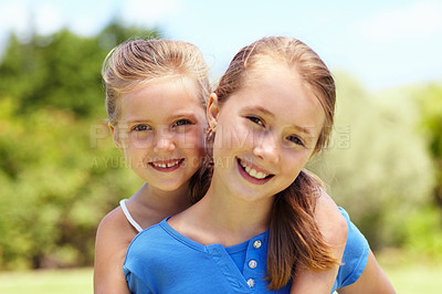 Buy stock photo Portrait, kids and siblings outdoor with hug, family connection and bonding together on weekend break. Summer, happy children play and sisters embrace with support, wellness and love for friendship.