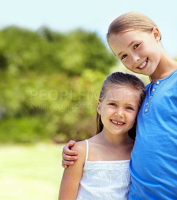 Buy stock photo Portrait, children and sisters in nature with hug, family wellness and bonding together for connection. Space, happy girls and siblings embrace outdoor with support, memories and love for friendship.