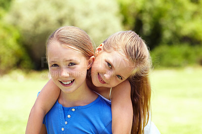 Buy stock photo Portrait, kids and sisters in nature with embrace, family wellness or bonding together for connection. Summer, happy children and siblings hug outdoor with support, childhood memories and friendship.