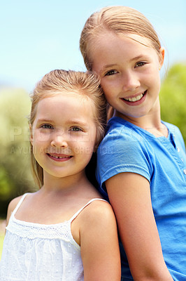 Buy stock photo Portrait, children and sisters outdoor with smile, family connection and bonding together on weekend. Summer, happy girls play and siblings with support, wellness or love for best friend relationship