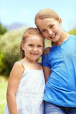 Buy stock photo Children, siblings and smile in portrait at park for weekend outing, bonding together and trust. Family love, girls and relax in nature for holiday break, healthy relationship and sister connection